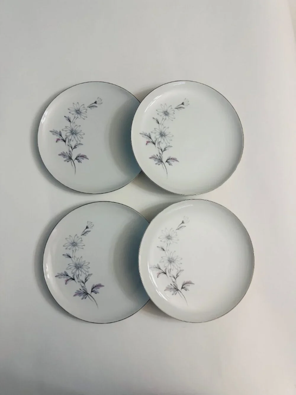 Crown Jewel Fine China Dinner Plates Daisy Floral Silver Trim Vintage Set of 4